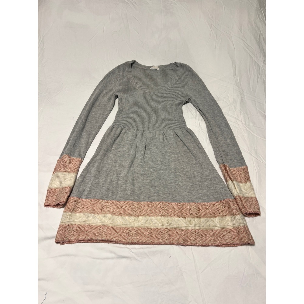 Freshman Forever Womens Grey Pink Knit Long Sleeve Fit Flare Sweater Dress M